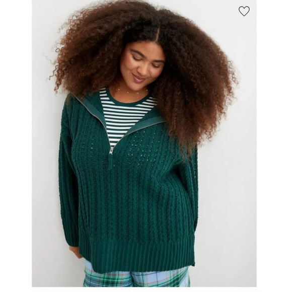 Aerie Cable Car Quarter Zip Sweater Green Chunky Knit Winter Cozy Warm Oversized - Picture 3 of 10